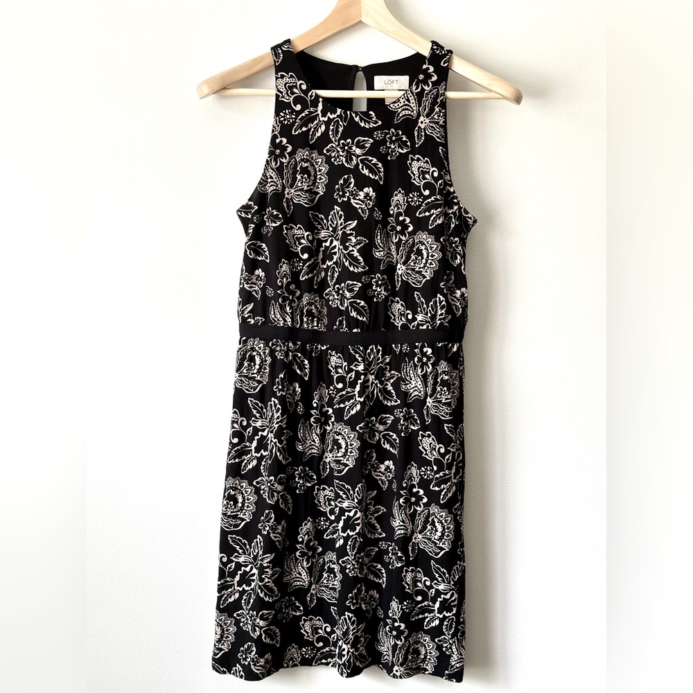 Loft knee length sleeveless black & beige floral print dress, size small